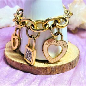 Vintage Victory Secret Lock, Key, Purse, Heart Charm Toggle Bracelet